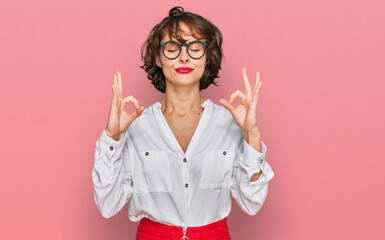 Young hispanic woman wearing business style and glasses relax and smiling with eyes closed doing...