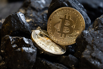 Gold coin bitcon and coal.