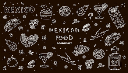 Mexican cuisine, vector doodle food set. National spicy food, fast food, snacks. Sketch illustration for restaurant, menu, cafe. Fiesta mexicana