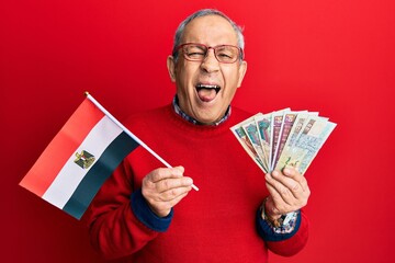 Handsome senior man with grey hair holding egypt flag and egyptian pounds banknotes sticking tongue out happy with funny expression. - obrazy, fototapety, plakaty