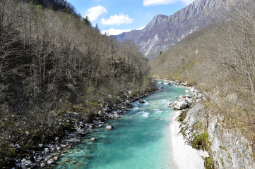 Fototapeta na wymiar Blue Water of Isonzo RIver. Kobarid, Slovenia