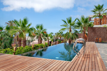 Luxurious swimming pool with clear blue water and surrounded by tropical palm trees and redwood...