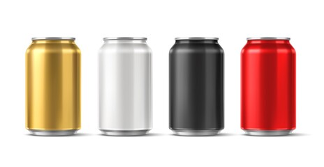 Color tin drink cans. Realistic metal isolated beverage containers. Aluminum jars with sparkling water and beer. Canned carbonated lemonade and tonic. Vector blank 3D packaging set