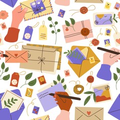 Letters envelopes seamless. postcards and mails with plants elements. Decorative labels and stamps. Writing messages. Sending correspondence. Sealing wax and postmarks. Vector pattern
