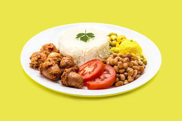 typical brazilian meal, traditional brazilian lunch, rice and beans, farofa, fries, tomato and salad with fried sausage