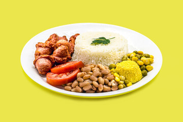 typical brazilian meal, traditional brazilian lunch, rice and beans, farofa, fries, tomato and salad with fried sausage
