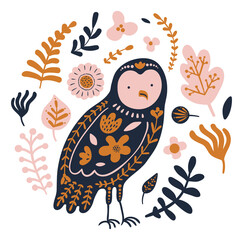 Owl print with floral ornament in ethnic fantasy style