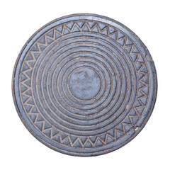 Old round metal manhole cover  with neck edging isolated on white 