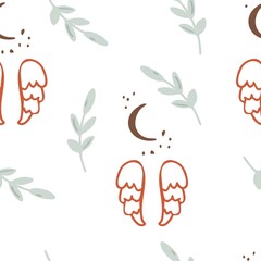 Seamless pattern in boho style. Vintage winter, Christmas elements, winter decorations and abstract elements. Design for textiles, cards, invitations, wrapping paper and boxes. Hand drawn elements