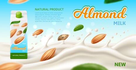 Realistic almond milk. Organic milkshake. Nuts beverage advertising banner. White splashes and liquid waves. Brand cardboard box with drink. Plant product. Vegan food. Vector ad poster