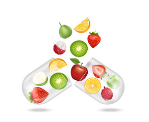 Berry different fruit vegetable inside transparent capsule open. Rich in vitamin and supplements. Natural products containing dietary fiber and minerals healthy. IV Drip vitamin. Realistic 3D vector.