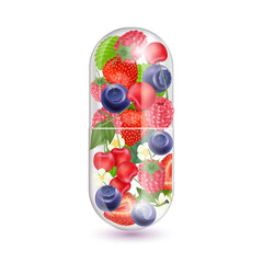 Berry different fruit vegetable inside capsule rich in vitamin. Natural products containing dietary fiber and minerals healthy. IV Drip vitamin. Realistic 3D vector.