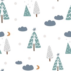 Seamless pattern in boho style. Vintage winter, Christmas elements, winter decorations and abstract elements. Design for textiles, cards, invitations, wrapping paper and boxes. Hand drawn elements