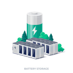 Fototapeta Rechargeable battery energy storage stationary for renewable power plant. Isolated vector illustration on white background. obraz