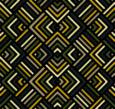 Seamless lilies green square lines geometric pattern. art deco textile pattern design.