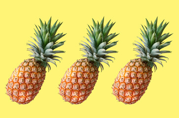 Top veiw, Set three pineapple ripe isolated on yellow background for stock photo or design advertising product, wallpaper,thai fruit summer
