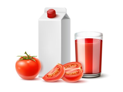 Realistic tomato juice. Natural vegetable red drink. Healthy raw product. 3D glass cup and cardboard box. Blank packaging mockup. Vegan beverage. Whole and sliced fruit. Vector concept