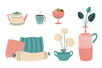 Cozy interior object set. House plants on vases, pillows, hot tea  with cookies - home decorations in flat style isolated on white background. Vector illustration, cartoon.