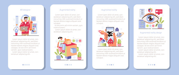 AR designer mobile application banner set. Augmented reality visual development