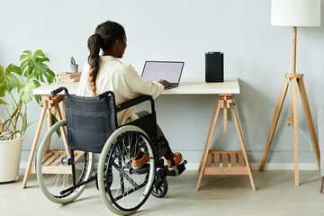 Minimal back view of young black woman in wheelchair using laptop while working at home office,...