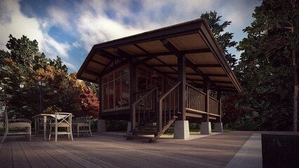 Fototapeta na wymiar wooden cabin with lounge on the deck 3d rendering
