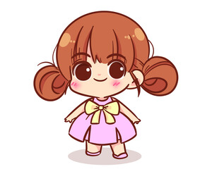 Smiling happy cut kid girl standing character cartoon logo hand drawn art illustration