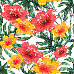 Flowers. Seamless pattern with tropical flowering plants. Vector image. 
