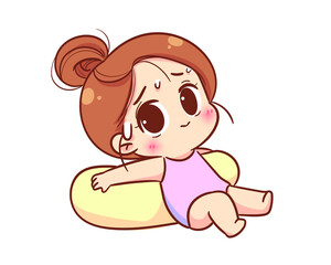 Cute kid girl in swimming costume in summer character cartoon logo hand drawn art illustration