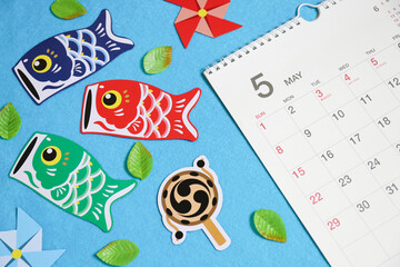 5月のカレンダーと鯉のぼりイメージ