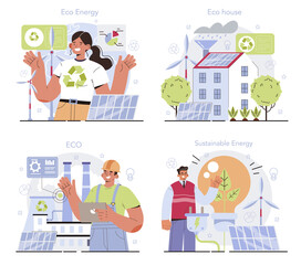 Ecology concept set. Alternative energy and green electricity for good