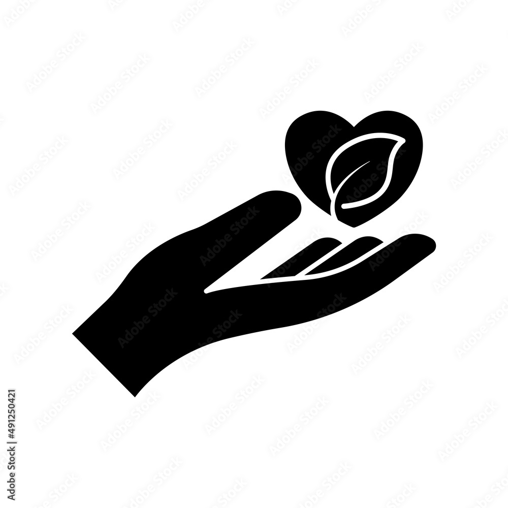 Poster hand icon with heart and leaf. glyph style. silhouette. suitable for ecology icon. simple design edi