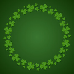Happy St. Patrick's Day background. Round frame of shamrocks. Wreath made from confetti clovers. Vector illustration