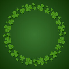 Happy St. Patrick's Day background. Round frame of shamrocks. Wreath made from confetti clovers. Vector illustration
