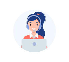Avatar of the call center operator. Girl with headphones and a laptop.
