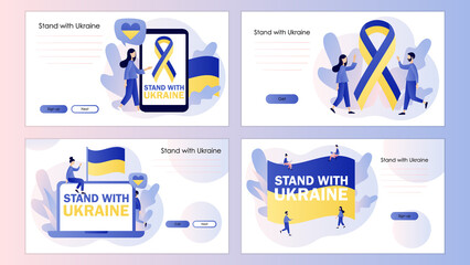 Ukrainian flag stripe ribbon. Blue and yellow tape. Flag of Ukraine. Stand with Ukraine. Stop war. No war. Screen template for landing page, template, ui, web, mobile app, poster, banner, flyer.Vector