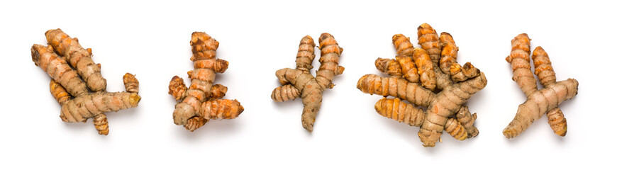 turmeric roots, traditional southeast asian spice, also known for medicinal purposes, isolated on white background,closeup taken from above