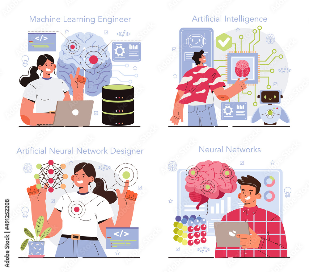 Poster artificial neural network designer set. specialist designing developing