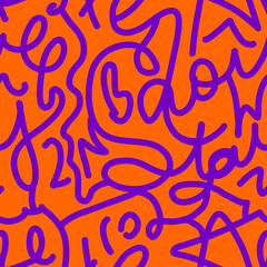 Naklejka premium Abstract One Line Drawing Curves Lines Brush Strokes Mix Letters Graffiti Retro Seamless Vector Pattern Isolated Background