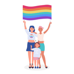 Lesbian couple with child holding rainbow flag. Lgbt community and parenting rights cartoon vector illustration