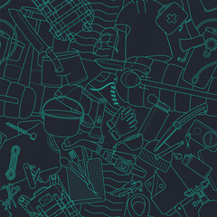 Vector seamless line texture set of outdoor equipment icons. Blue background.