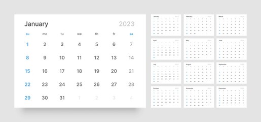Monthly calendar template for 2023 year. Wall calendar in a minimalist style. Week Starts on Sunday.