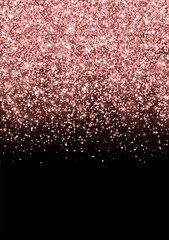 Rose gold scattered sparkling glitter on black background. Vector