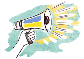 Graphic drawing of a megaphone with a yellow and blue flag.