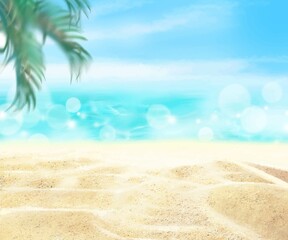 夏の砂浜とボヤけた雲のある青い空とヤシの木と海の美しいフレームイラスト素材
