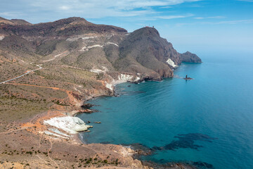Fototapeta premium aerial view of the wild and rugged coastline of the Cabo de Gata Nature Reserve in Andalusia