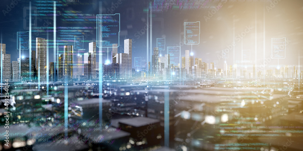 Poster smart city with network and communication connection - 3d rendering