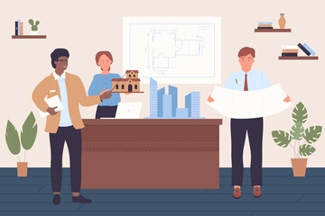 City construction, engineering technology. Architects work on skyscraper house project in urban district, team of people on meeting presentation flat vector illustration. Architecture planning concept