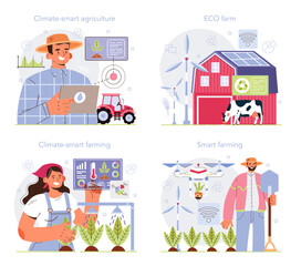 Smart farming set. Farm worker growing plants and feeding animals