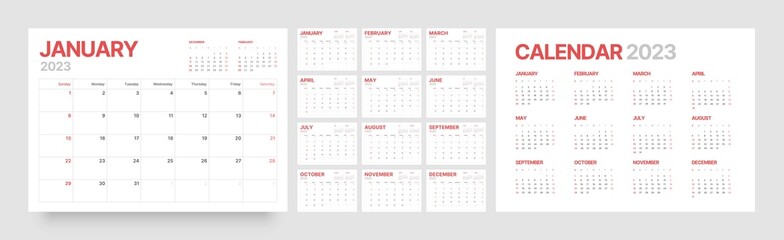 Monthly calendar template for 2023 year. Wall calendar in a minimalist style. Week Starts on Sunday.