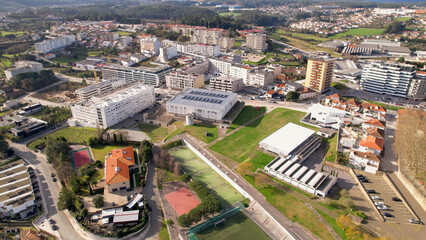 Santo Tirso, Portugal - January 1, 2022: DRONE AERIAL VIEW - The Pavilhão Desportivo Municipal...